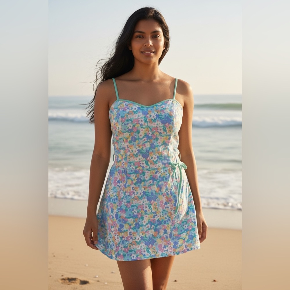 Vintage 1970s 80s Sea Waves women's floral swim dress cottegecore coquette